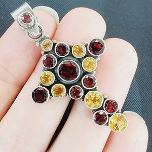 Sterling Cross with Gemstones Red Yellow Big Large